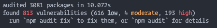 A terminal window with text "audited 3081 packages in 11 seconds, found 813 vulnerabilities"